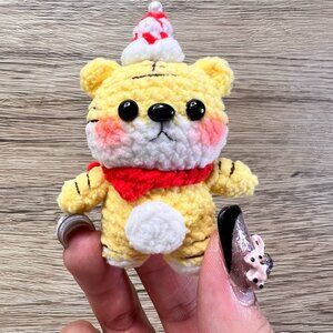 Handmade Amigurumi Crochet Tiger Cub with Santa Hat Plushie